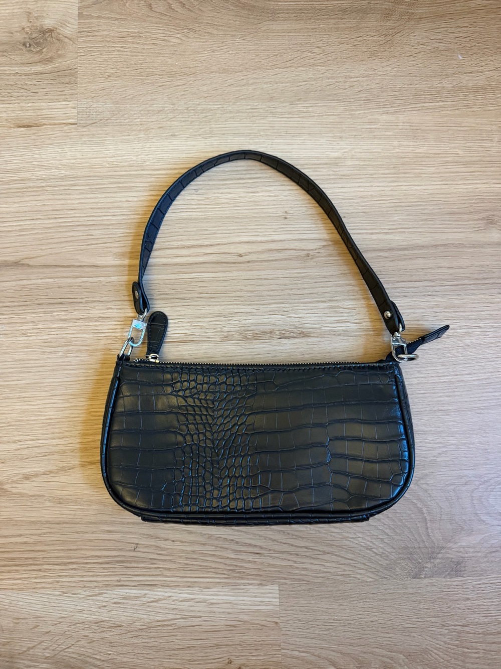 Black Croc-Embossed Shoulder Bag